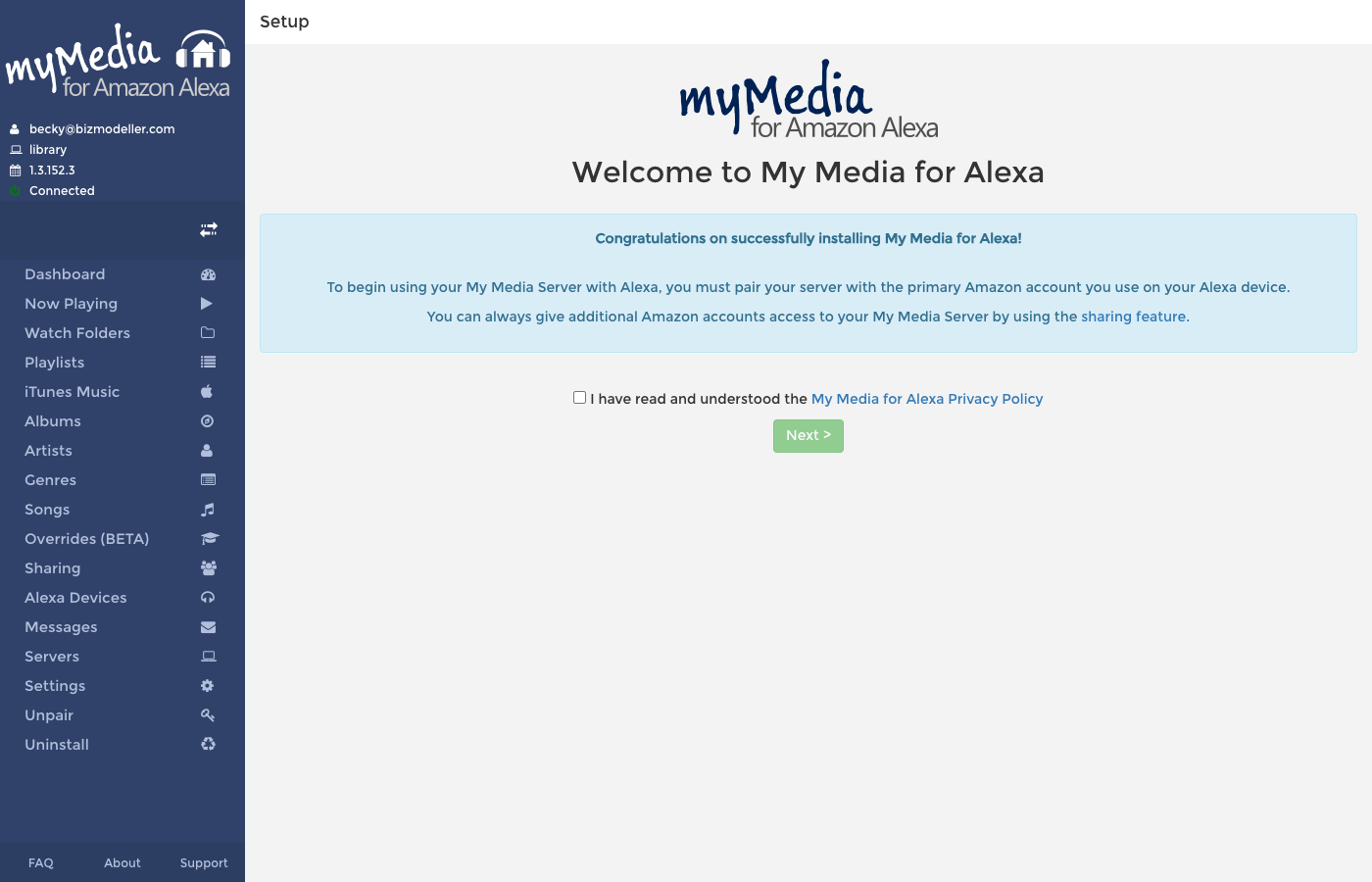Setup screen — Welcome to My Media for Alexa