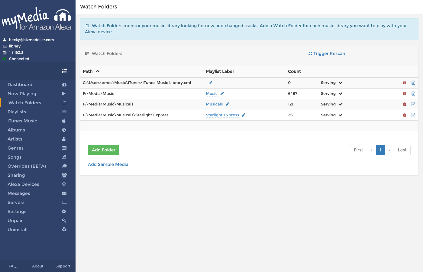Watch Folders screen